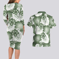 Sage Green Aloha Hawaii Couples Matching Long Sleeve Bodycon Dress and Hawaiian Shirt Monstera Hibiscus Plumeria Seamless Vibes LT14 - Polynesian Pride