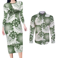 Sage Green Aloha Hawaii Couples Matching Long Sleeve Bodycon Dress and Long Sleeve Button Shirt Monstera Hibiscus Plumeria Seamless Vibes LT14 Sage Green - Polynesian Pride