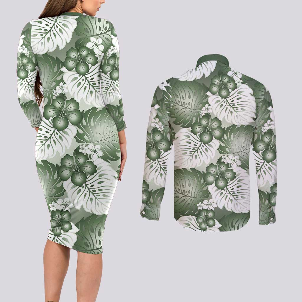 Sage Green Aloha Hawaii Couples Matching Long Sleeve Bodycon Dress and Long Sleeve Button Shirt Monstera Hibiscus Plumeria Seamless Vibes LT14 - Polynesian Pride