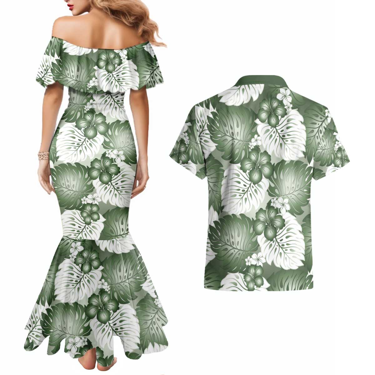 Sage Green Aloha Hawaii Couples Matching Mermaid Dress and Hawaiian Shirt Monstera Hibiscus Plumeria Seamless Vibes LT14 - Polynesian Pride