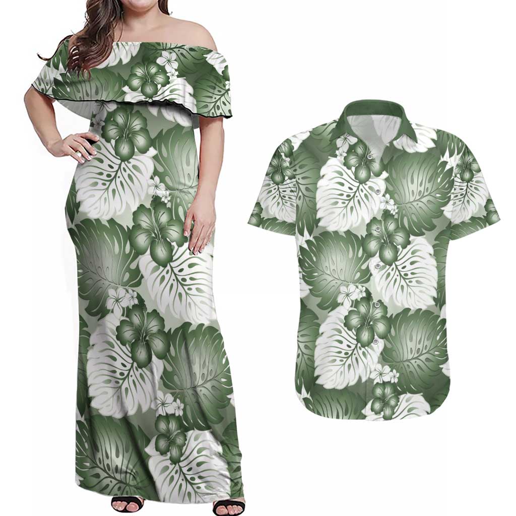 Sage Green Aloha Hawaii Couples Matching Off Shoulder Maxi Dress and Hawaiian Shirt Monstera Hibiscus Plumeria Seamless Vibes LT14 Sage Green - Polynesian Pride