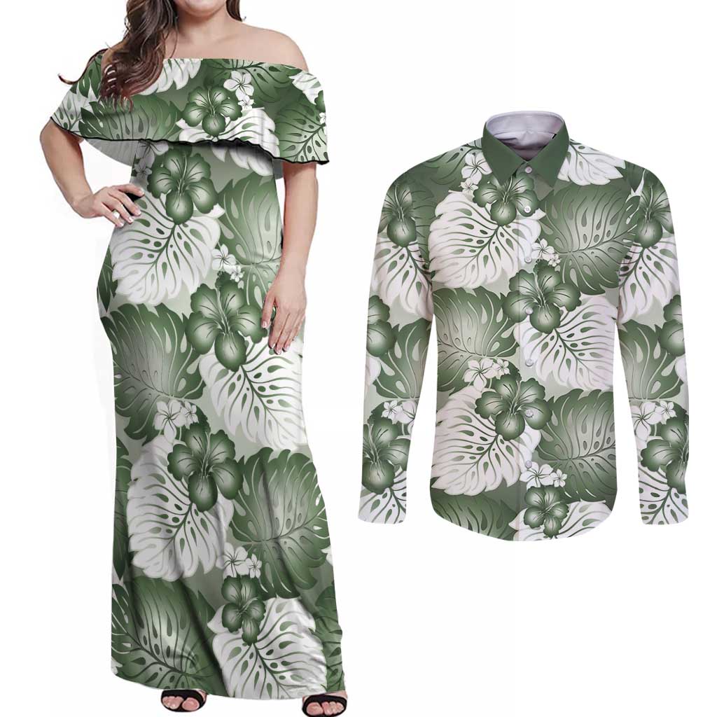 Sage Green Aloha Hawaii Couples Matching Off Shoulder Maxi Dress and Long Sleeve Button Shirt Monstera Hibiscus Plumeria Seamless Vibes LT14 Sage Green - Polynesian Pride