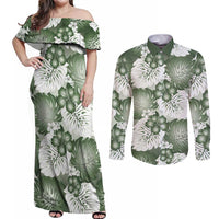 Sage Green Aloha Hawaii Couples Matching Off Shoulder Maxi Dress and Long Sleeve Button Shirt Monstera Hibiscus Plumeria Seamless Vibes LT14 Sage Green - Polynesian Pride