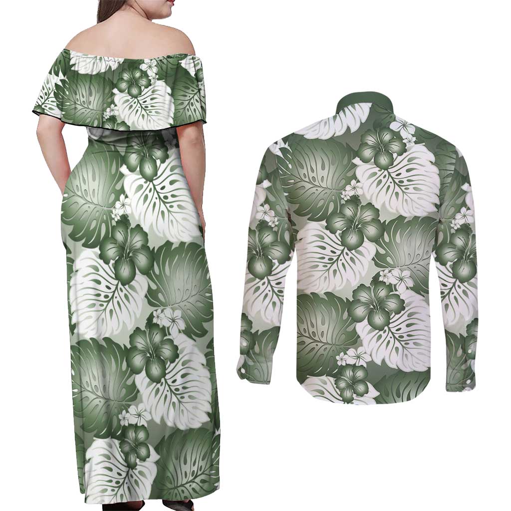 Sage Green Aloha Hawaii Couples Matching Off Shoulder Maxi Dress and Long Sleeve Button Shirt Monstera Hibiscus Plumeria Seamless Vibes LT14 - Polynesian Pride