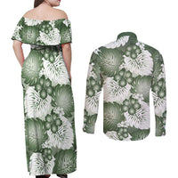 Sage Green Aloha Hawaii Couples Matching Off Shoulder Maxi Dress and Long Sleeve Button Shirt Monstera Hibiscus Plumeria Seamless Vibes LT14 - Polynesian Pride