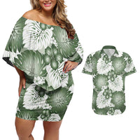 Sage Green Aloha Hawaii Couples Matching Off Shoulder Short Dress and Hawaiian Shirt Monstera Hibiscus Plumeria Seamless Vibes LT14 Sage Green - Polynesian Pride