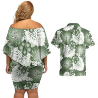 Sage Green Aloha Hawaii Couples Matching Off Shoulder Short Dress and Hawaiian Shirt Monstera Hibiscus Plumeria Seamless Vibes LT14 - Polynesian Pride