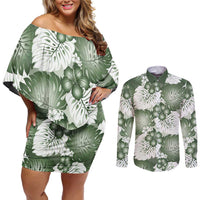 Sage Green Aloha Hawaii Couples Matching Off Shoulder Short Dress and Long Sleeve Button Shirt Monstera Hibiscus Plumeria Seamless Vibes LT14 Sage Green - Polynesian Pride