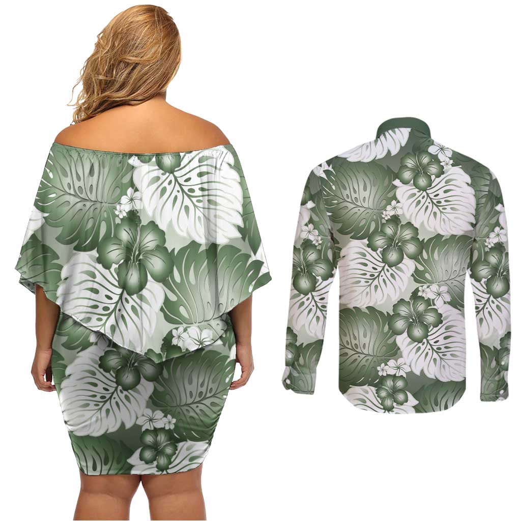 Sage Green Aloha Hawaii Couples Matching Off Shoulder Short Dress and Long Sleeve Button Shirt Monstera Hibiscus Plumeria Seamless Vibes LT14 - Polynesian Pride