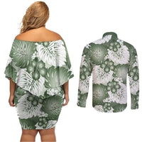 Sage Green Aloha Hawaii Couples Matching Off Shoulder Short Dress and Long Sleeve Button Shirt Monstera Hibiscus Plumeria Seamless Vibes LT14 - Polynesian Pride