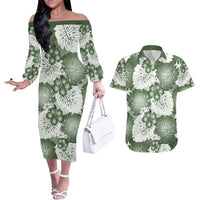 Sage Green Aloha Hawaii Couples Matching Off The Shoulder Long Sleeve Dress and Hawaiian Shirt Monstera Hibiscus Plumeria Seamless Vibes LT14 Sage Green - Polynesian Pride