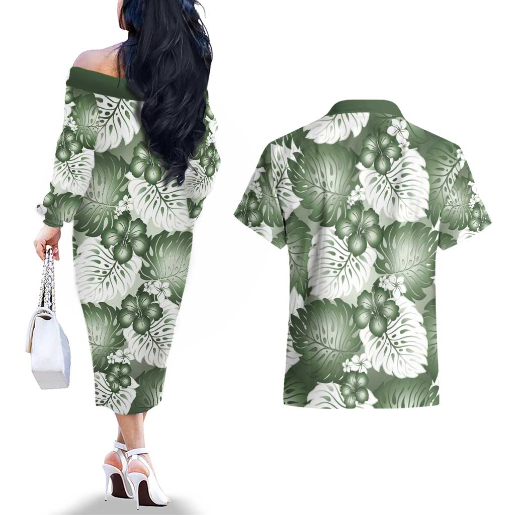 Sage Green Aloha Hawaii Couples Matching Off The Shoulder Long Sleeve Dress and Hawaiian Shirt Monstera Hibiscus Plumeria Seamless Vibes LT14 - Polynesian Pride