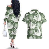 Sage Green Aloha Hawaii Couples Matching Off The Shoulder Long Sleeve Dress and Hawaiian Shirt Monstera Hibiscus Plumeria Seamless Vibes LT14 - Polynesian Pride