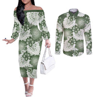 Sage Green Aloha Hawaii Couples Matching Off The Shoulder Long Sleeve Dress and Long Sleeve Button Shirt Monstera Hibiscus Plumeria Seamless Vibes LT14 Sage Green - Polynesian Pride