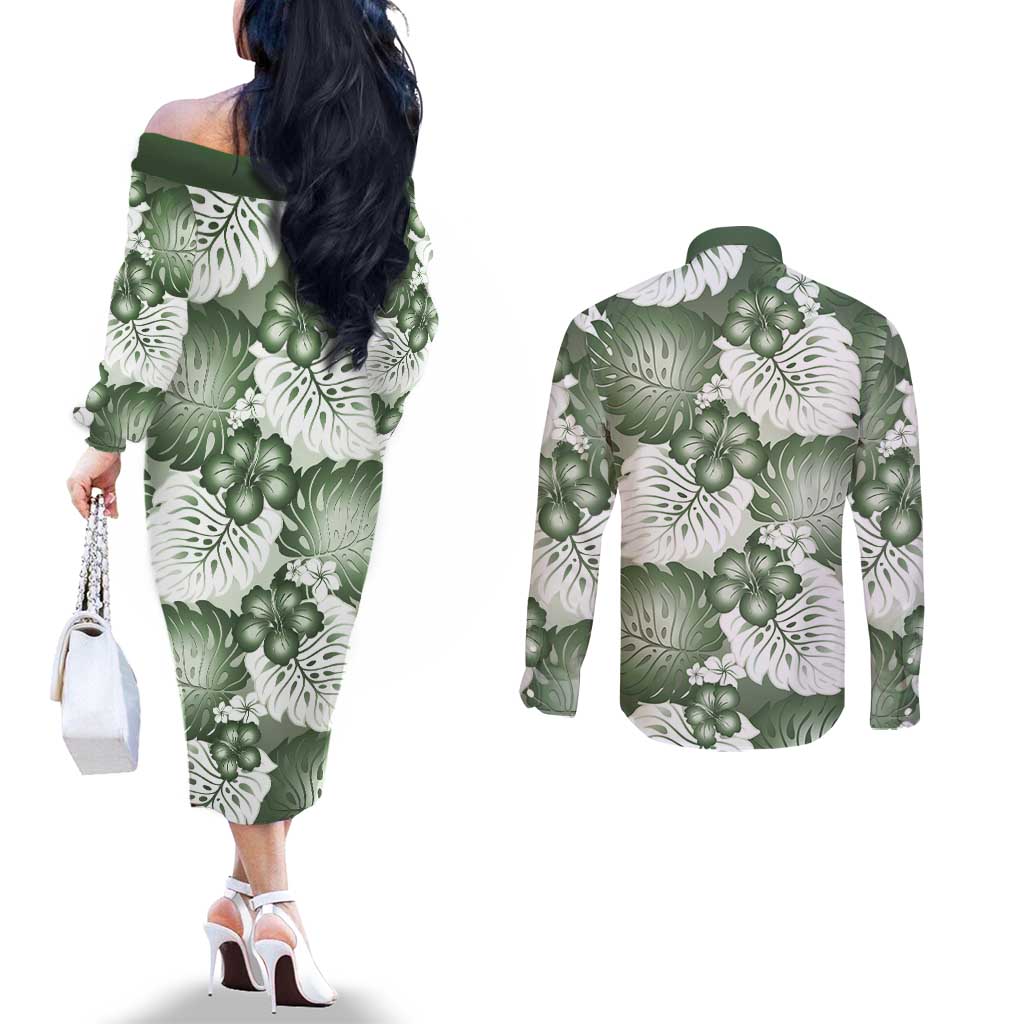 Sage Green Aloha Hawaii Couples Matching Off The Shoulder Long Sleeve Dress and Long Sleeve Button Shirt Monstera Hibiscus Plumeria Seamless Vibes LT14 - Polynesian Pride