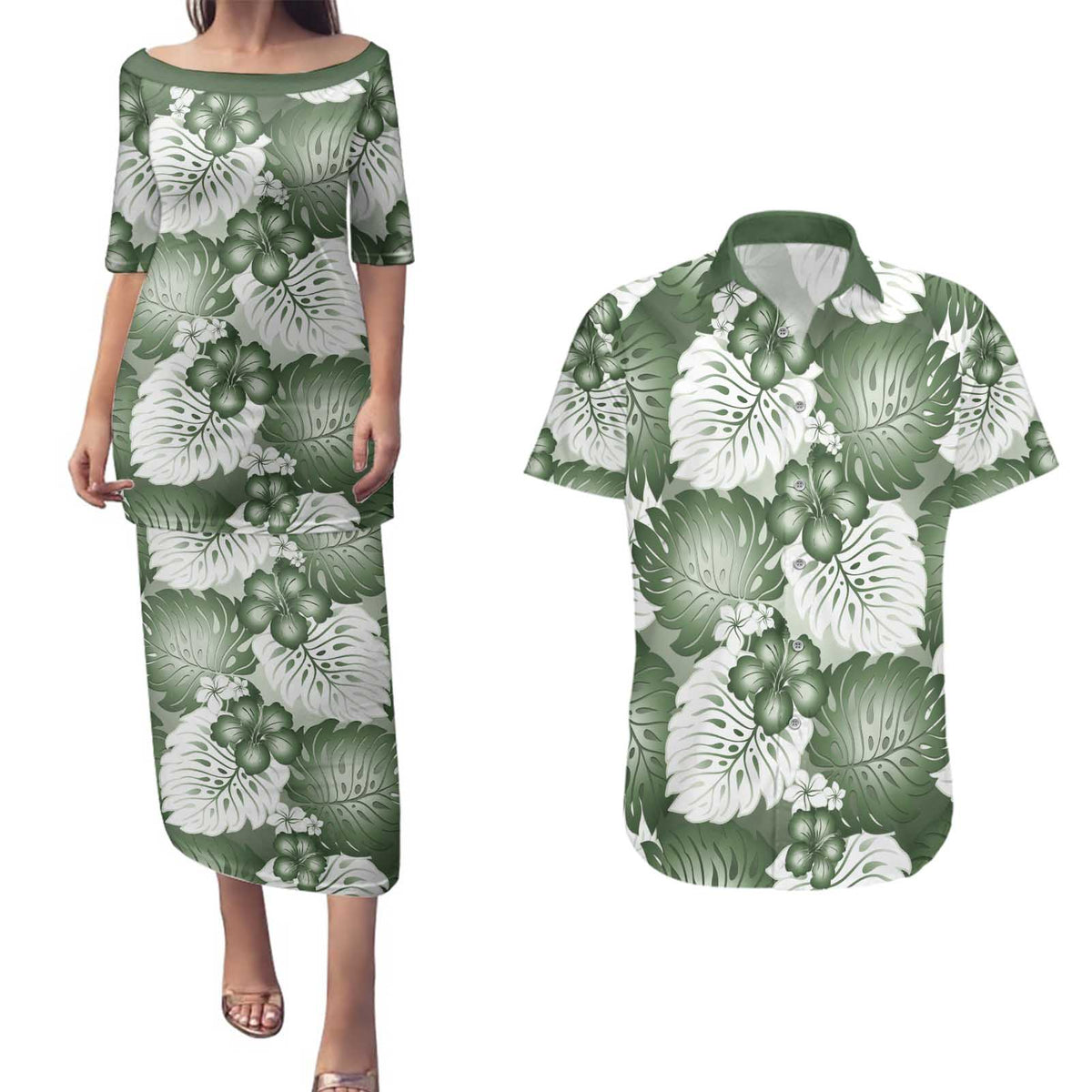 Sage Green Aloha Hawaii Couples Matching Puletasi and Hawaiian Shirt Monstera Hibiscus Plumeria Seamless Vibes LT14 Sage Green - Polynesian Pride