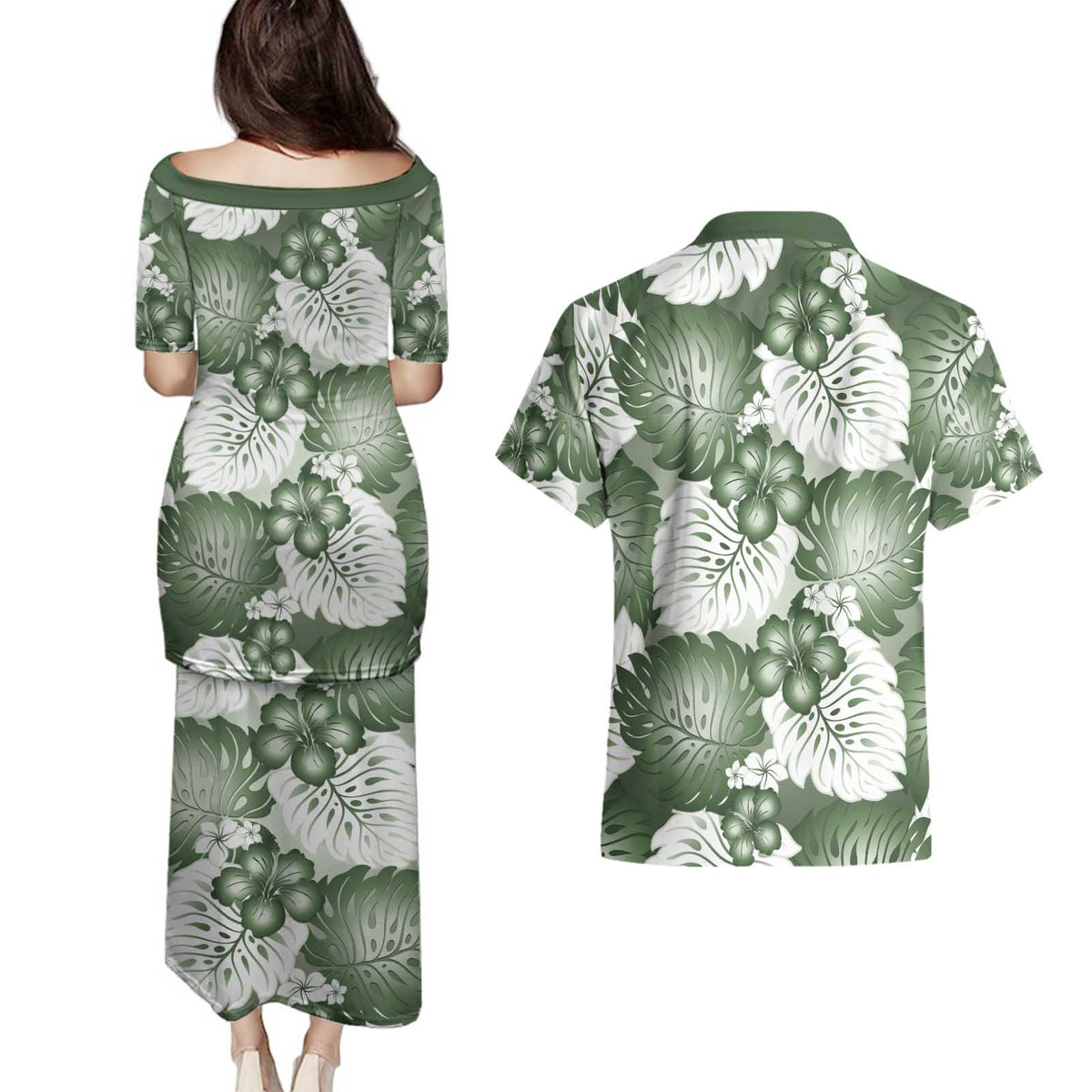Sage Green Aloha Hawaii Couples Matching Puletasi and Hawaiian Shirt Monstera Hibiscus Plumeria Seamless Vibes LT14 - Polynesian Pride