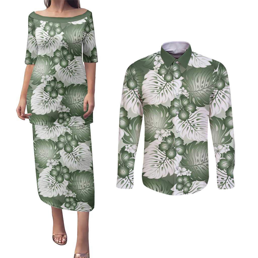 Sage Green Aloha Hawaii Couples Matching Puletasi and Long Sleeve Button Shirt Monstera Hibiscus Plumeria Seamless Vibes LT14 Sage Green - Polynesian Pride