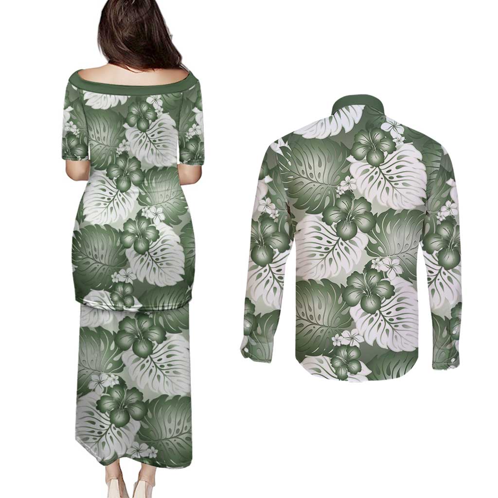 Sage Green Aloha Hawaii Couples Matching Puletasi and Long Sleeve Button Shirt Monstera Hibiscus Plumeria Seamless Vibes LT14 - Polynesian Pride