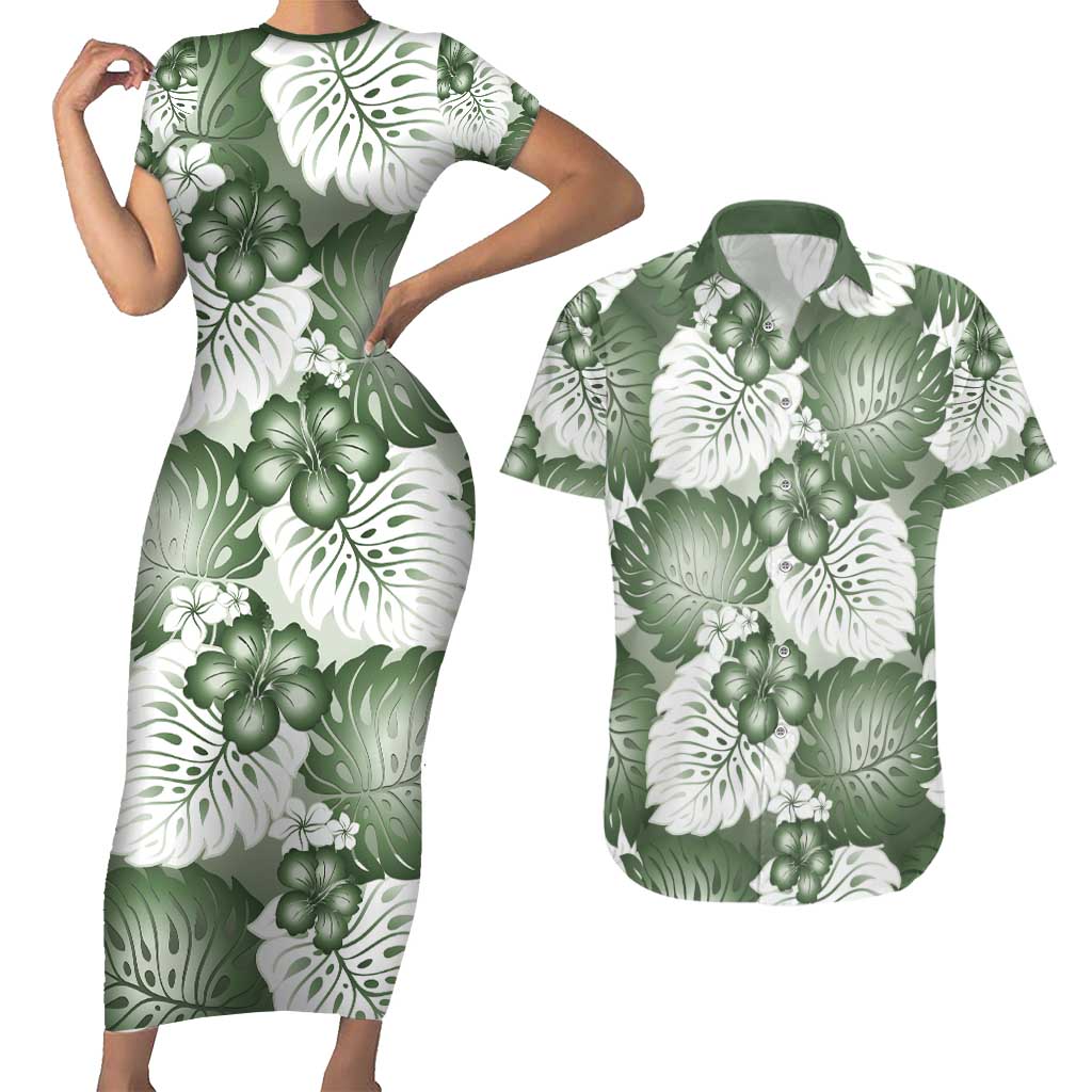 Sage Green Aloha Hawaii Couples Matching Short Sleeve Bodycon Dress and Hawaiian Shirt Monstera Hibiscus Plumeria Seamless Vibes LT14 Sage Green - Polynesian Pride