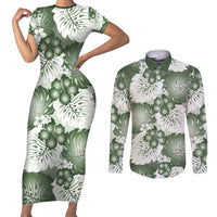 Sage Green Aloha Hawaii Couples Matching Short Sleeve Bodycon Dress and Long Sleeve Button Shirt Monstera Hibiscus Plumeria Seamless Vibes LT14 Sage Green - Polynesian Pride