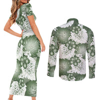 Sage Green Aloha Hawaii Couples Matching Short Sleeve Bodycon Dress and Long Sleeve Button Shirt Monstera Hibiscus Plumeria Seamless Vibes LT14 - Polynesian Pride