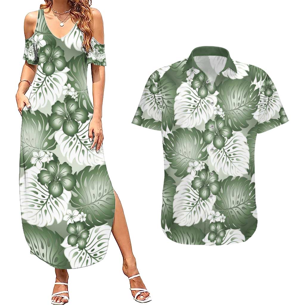 Sage Green Aloha Hawaii Couples Matching Summer Maxi Dress and Hawaiian Shirt Monstera Hibiscus Plumeria Seamless Vibes LT14 Sage Green - Polynesian Pride