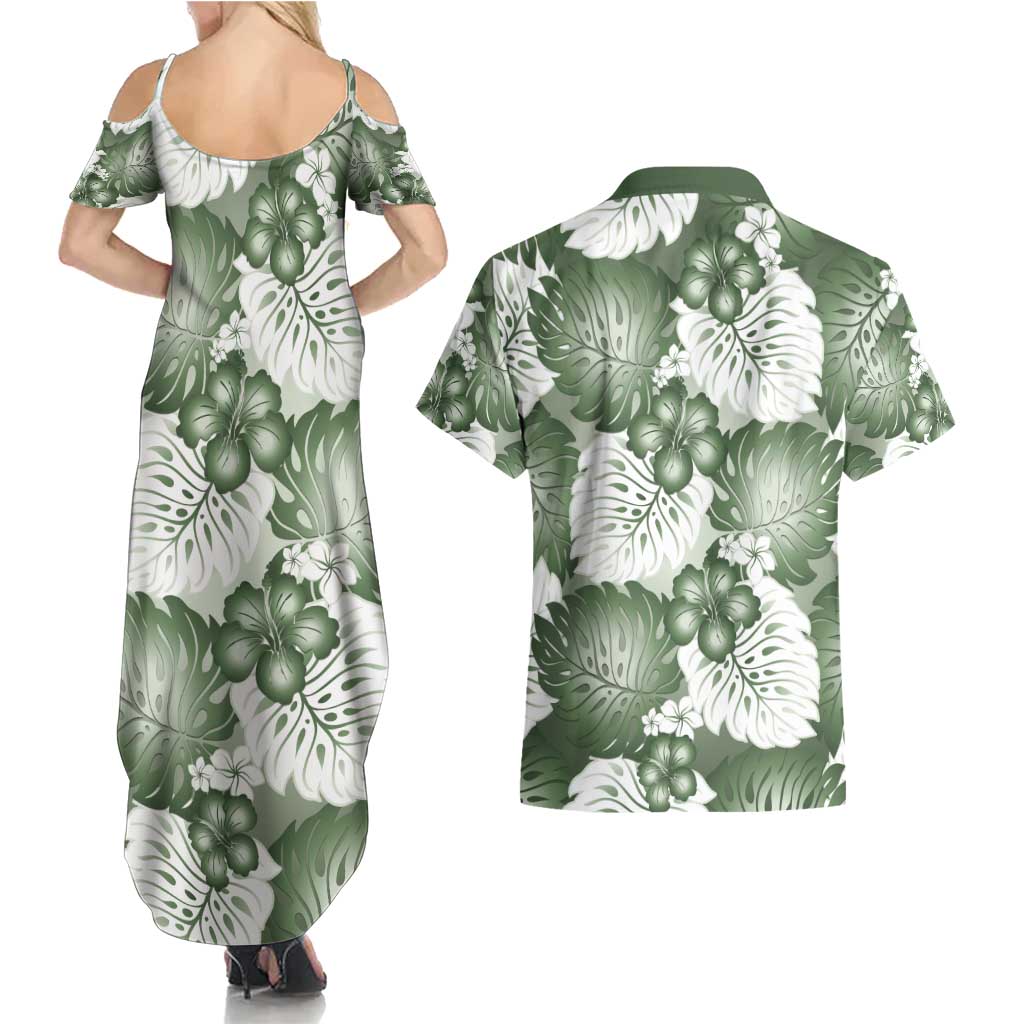 Sage Green Aloha Hawaii Couples Matching Summer Maxi Dress and Hawaiian Shirt Monstera Hibiscus Plumeria Seamless Vibes LT14 - Polynesian Pride