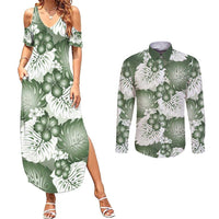Sage Green Aloha Hawaii Couples Matching Summer Maxi Dress and Long Sleeve Button Shirt Monstera Hibiscus Plumeria Seamless Vibes LT14 Sage Green - Polynesian Pride
