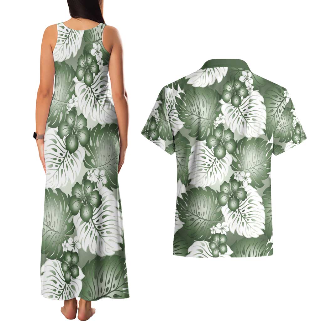Sage Green Aloha Hawaii Couples Matching Tank Maxi Dress and Hawaiian Shirt Monstera Hibiscus Plumeria Seamless Vibes LT14 - Polynesian Pride