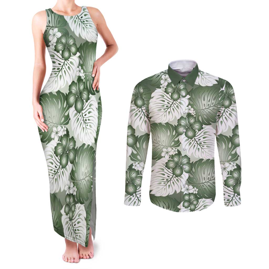 Sage Green Aloha Hawaii Couples Matching Tank Maxi Dress and Long Sleeve Button Shirt Monstera Hibiscus Plumeria Seamless Vibes LT14 Sage Green - Polynesian Pride