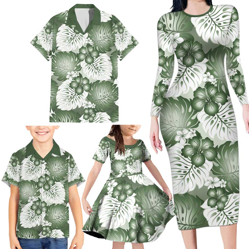 Sage Green Aloha Hawaii Family Matching Long Sleeve Bodycon Dress and Hawaiian Shirt Monstera Hibiscus Plumeria Seamless Vibes LT14 - Polynesian Pride
