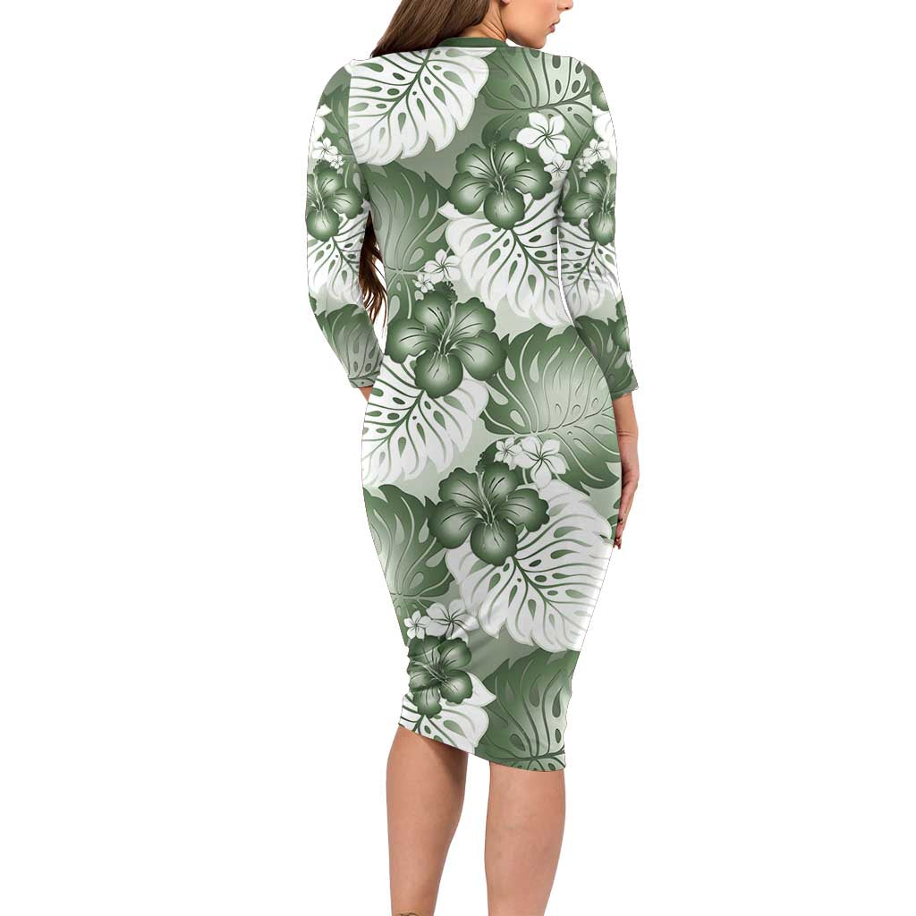 Sage Green Aloha Hawaii Family Matching Long Sleeve Bodycon Dress and Hawaiian Shirt Monstera Hibiscus Plumeria Seamless Vibes LT14 - Polynesian Pride