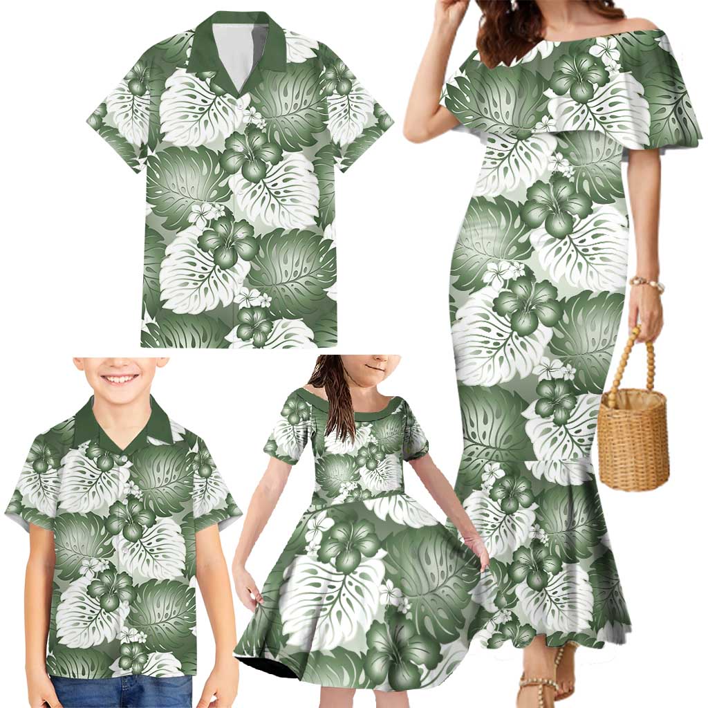 Sage Green Aloha Hawaii Family Matching Mermaid Dress and Hawaiian Shirt Monstera Hibiscus Plumeria Seamless Vibes LT14 - Polynesian Pride