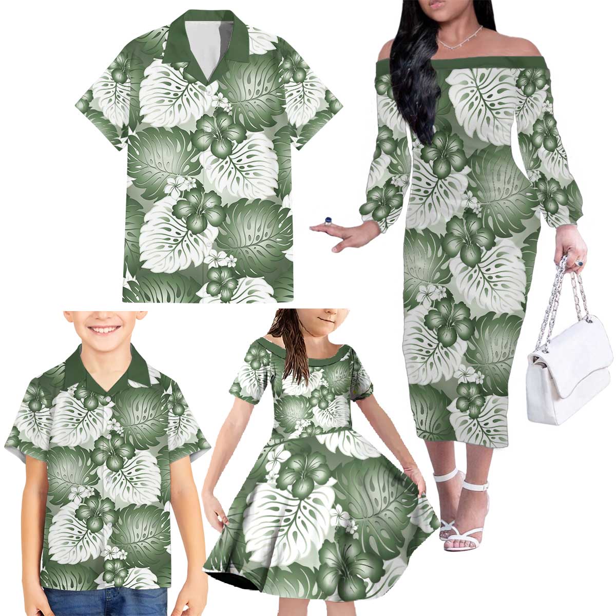 Sage Green Aloha Hawaii Family Matching Off The Shoulder Long Sleeve Dress and Hawaiian Shirt Monstera Hibiscus Plumeria Seamless Vibes LT14 - Polynesian Pride