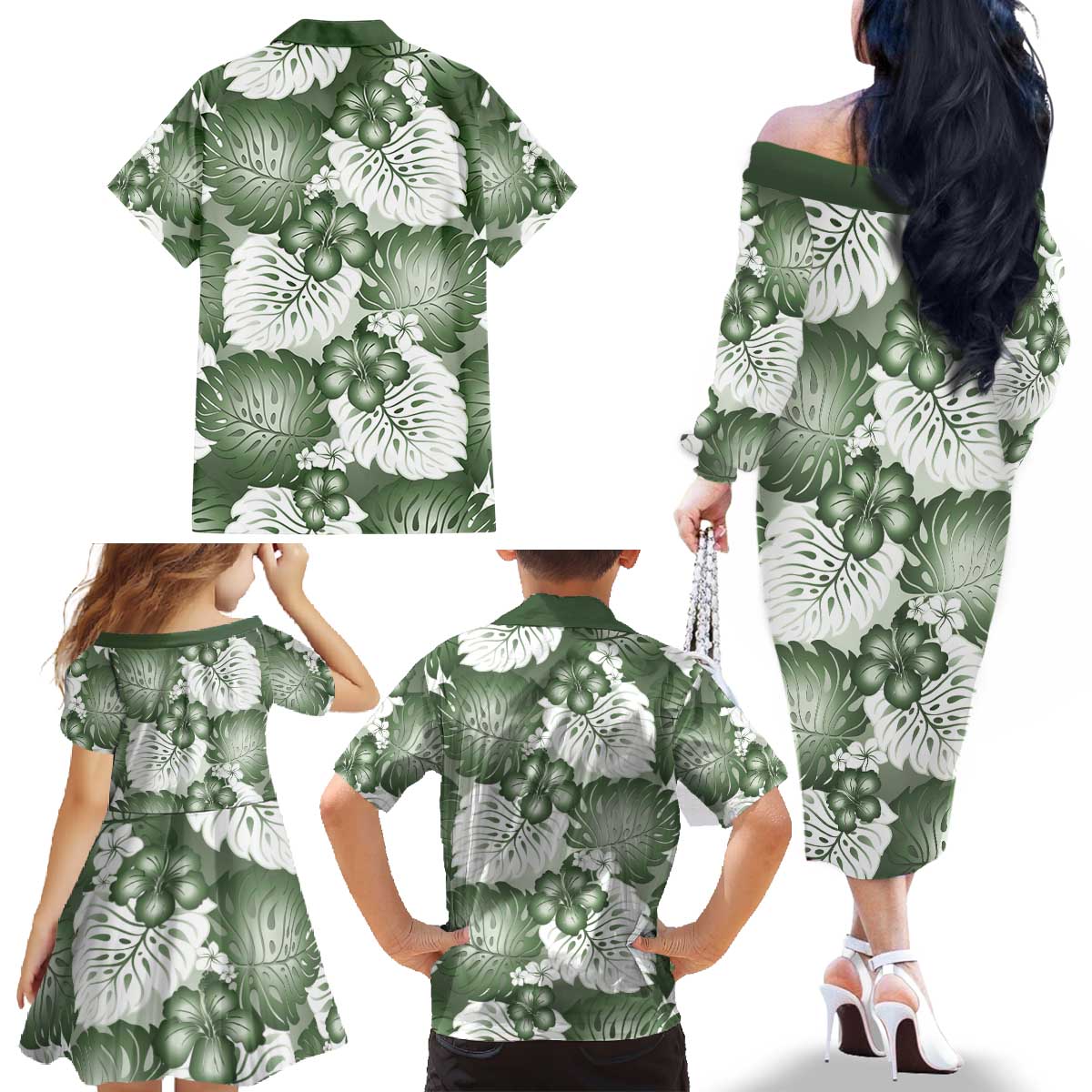 Sage Green Aloha Hawaii Family Matching Off The Shoulder Long Sleeve Dress and Hawaiian Shirt Monstera Hibiscus Plumeria Seamless Vibes LT14 - Polynesian Pride