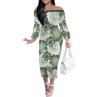 Sage Green Aloha Hawaii Family Matching Off The Shoulder Long Sleeve Dress and Hawaiian Shirt Monstera Hibiscus Plumeria Seamless Vibes LT14 Mom's Dress Sage Green - Polynesian Pride