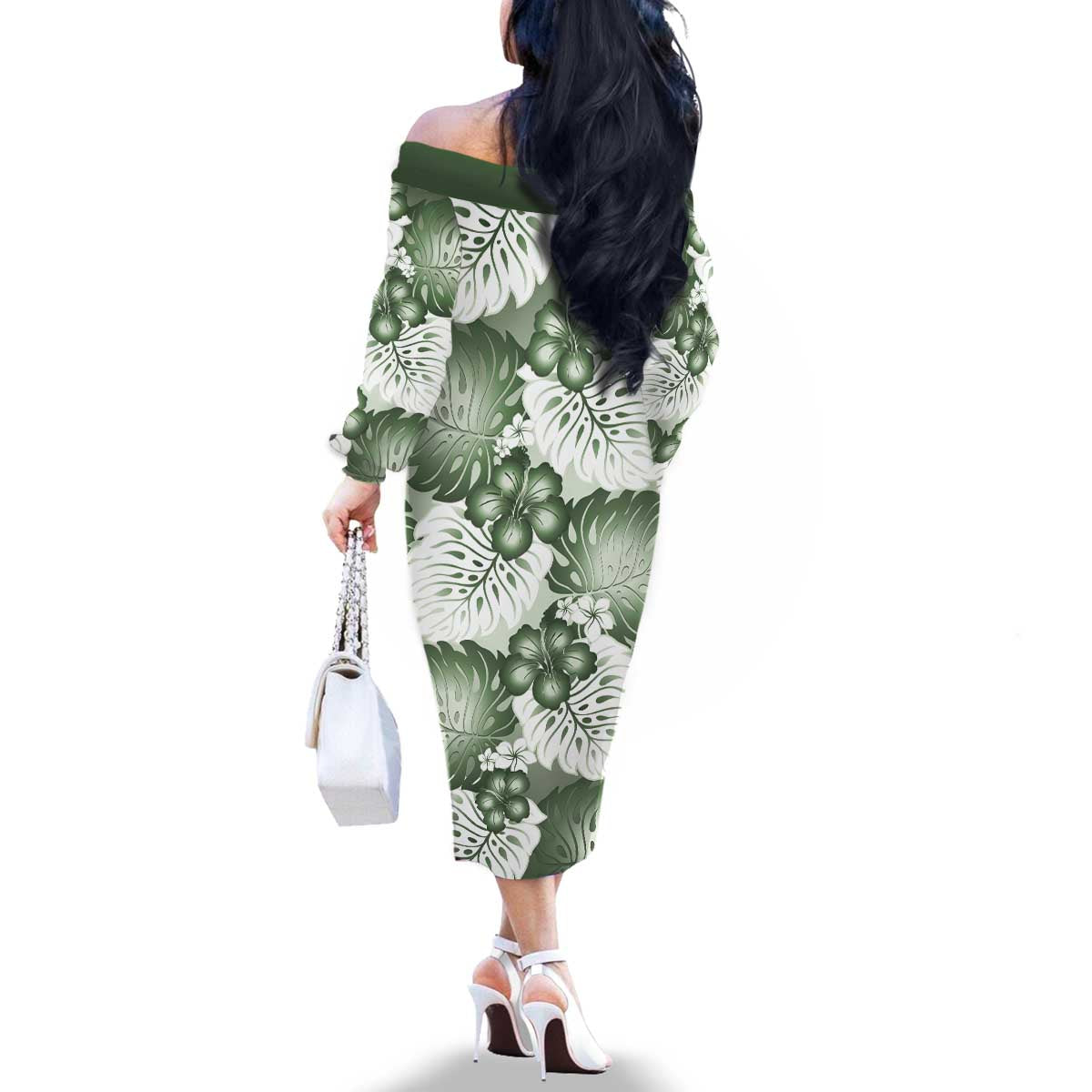 Sage Green Aloha Hawaii Family Matching Off The Shoulder Long Sleeve Dress and Hawaiian Shirt Monstera Hibiscus Plumeria Seamless Vibes LT14 - Polynesian Pride