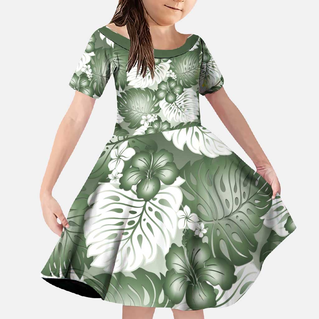 Sage Green Aloha Hawaii Family Matching Off Shoulder Maxi Dress and Hawaiian Shirt Monstera Hibiscus Plumeria Seamless Vibes LT14 Daughter's Dress Sage Green - Polynesian Pride