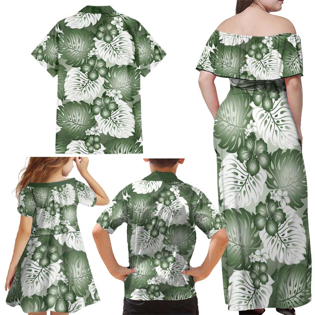 Sage Green Aloha Hawaii Family Matching Off Shoulder Maxi Dress and Hawaiian Shirt Monstera Hibiscus Plumeria Seamless Vibes LT14 - Polynesian Pride
