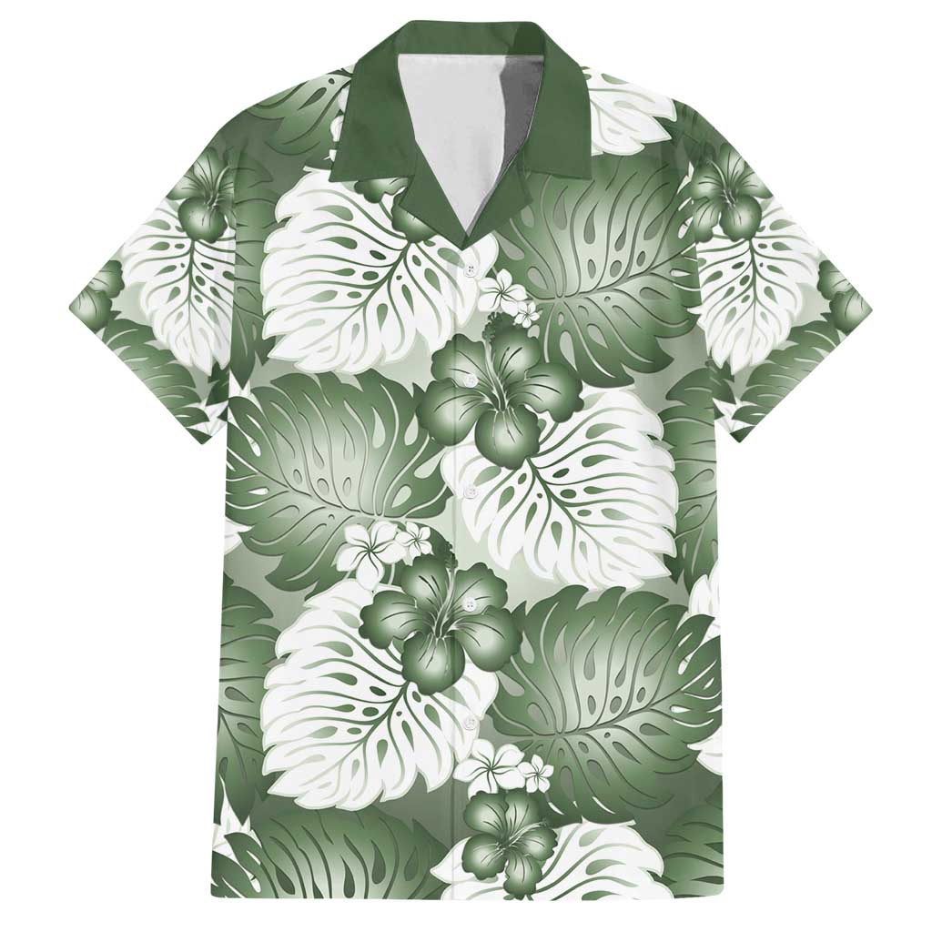 Sage Green Aloha Hawaii Family Matching Off Shoulder Maxi Dress and Hawaiian Shirt Monstera Hibiscus Plumeria Seamless Vibes LT14 Dad's Shirt - Short Sleeve Sage Green - Polynesian Pride