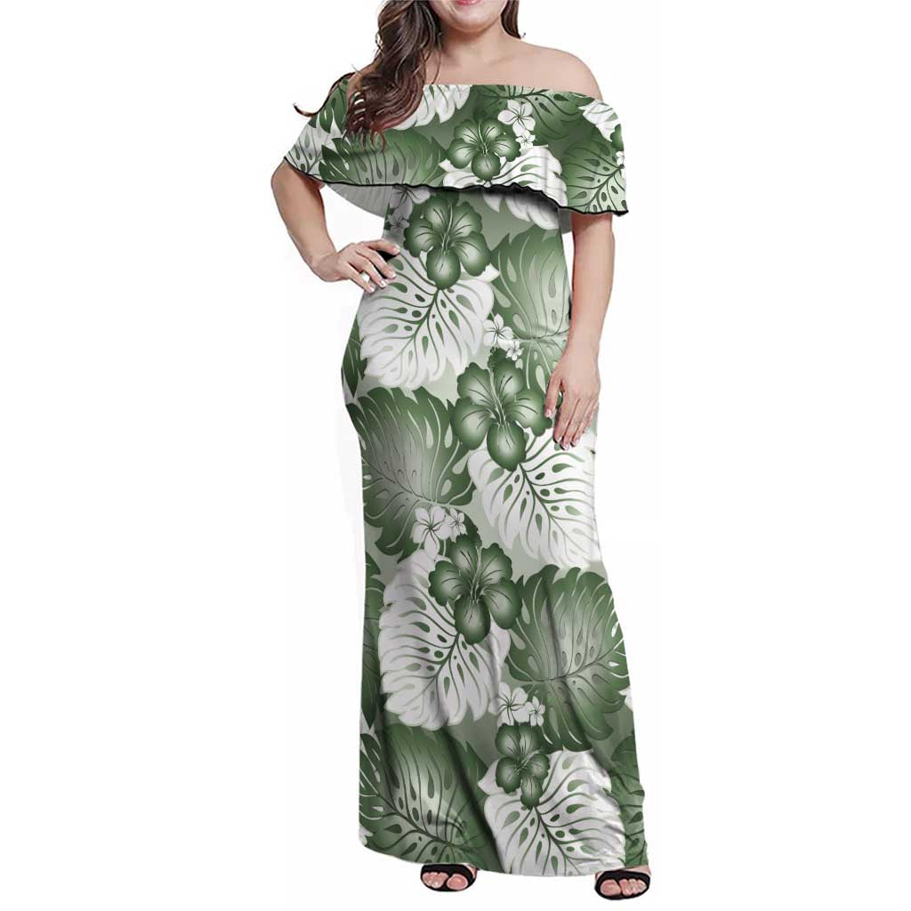 Sage Green Aloha Hawaii Family Matching Off Shoulder Maxi Dress and Hawaiian Shirt Monstera Hibiscus Plumeria Seamless Vibes LT14 Mom's Dress Sage Green - Polynesian Pride
