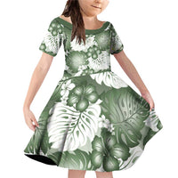 Sage Green Aloha Hawaii Family Matching Off Shoulder Short Dress and Hawaiian Shirt Monstera Hibiscus Plumeria Seamless Vibes LT14 Daughter's Dress Sage Green - Polynesian Pride