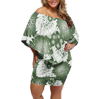 Sage Green Aloha Hawaii Family Matching Off Shoulder Short Dress and Hawaiian Shirt Monstera Hibiscus Plumeria Seamless Vibes LT14 Mom's Dress Sage Green - Polynesian Pride