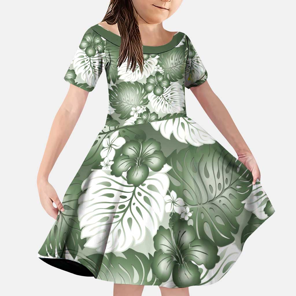 Sage Green Aloha Hawaii Family Matching Puletasi and Hawaiian Shirt Monstera Hibiscus Plumeria Seamless Vibes LT14 Daughter's Dress Sage Green - Polynesian Pride