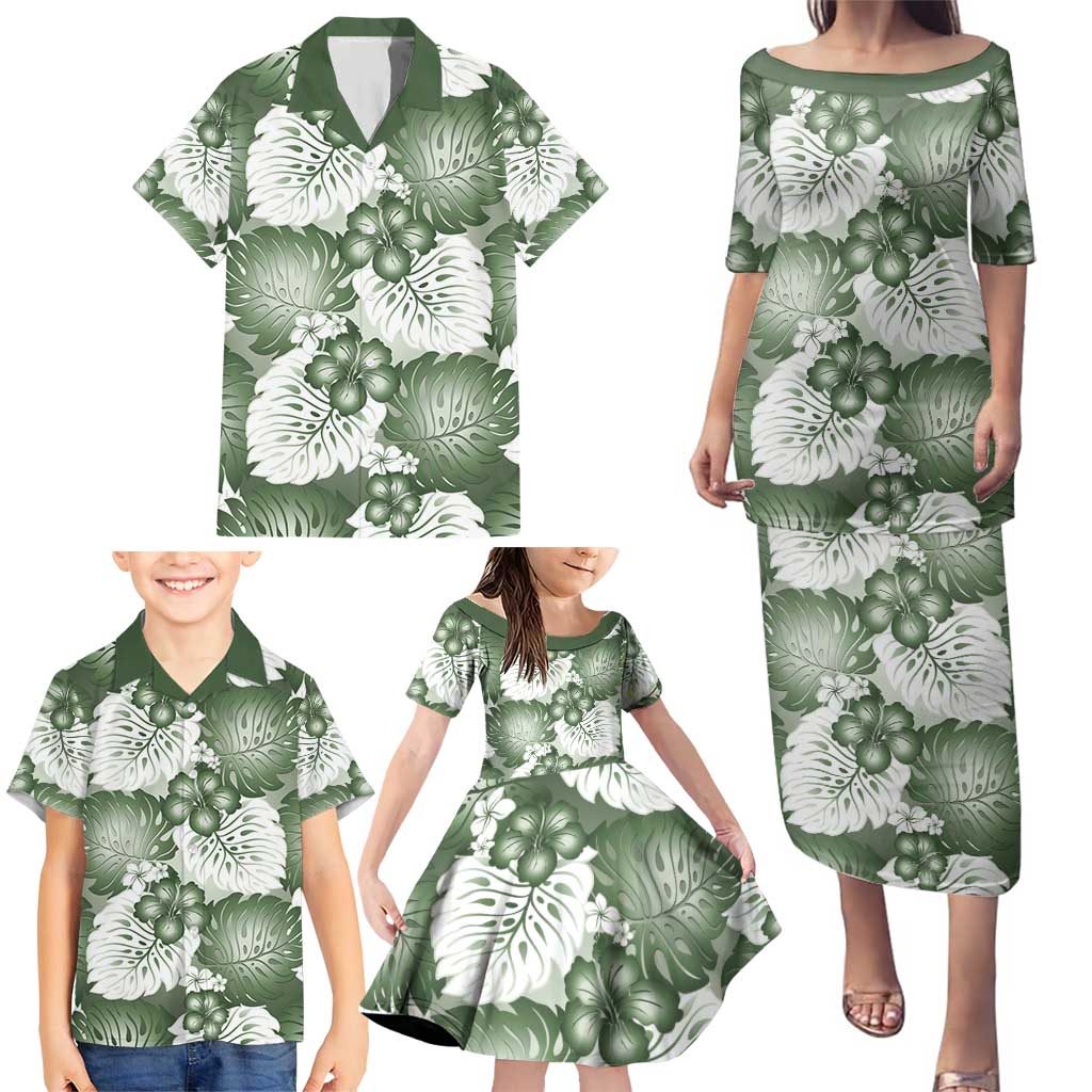 Sage Green Aloha Hawaii Family Matching Puletasi and Hawaiian Shirt Monstera Hibiscus Plumeria Seamless Vibes LT14 - Polynesian Pride