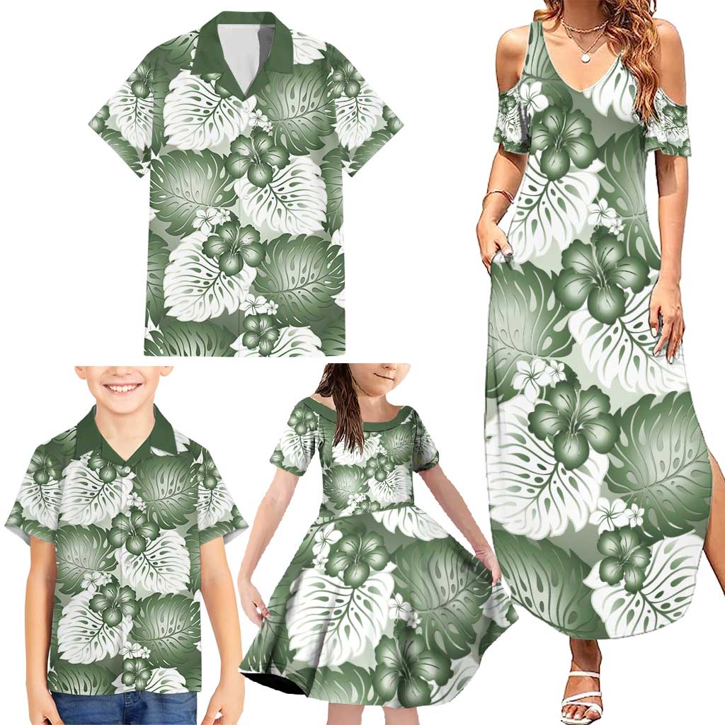 Sage Green Aloha Hawaii Family Matching Summer Maxi Dress and Hawaiian Shirt Monstera Hibiscus Plumeria Seamless Vibes LT14 - Polynesian Pride