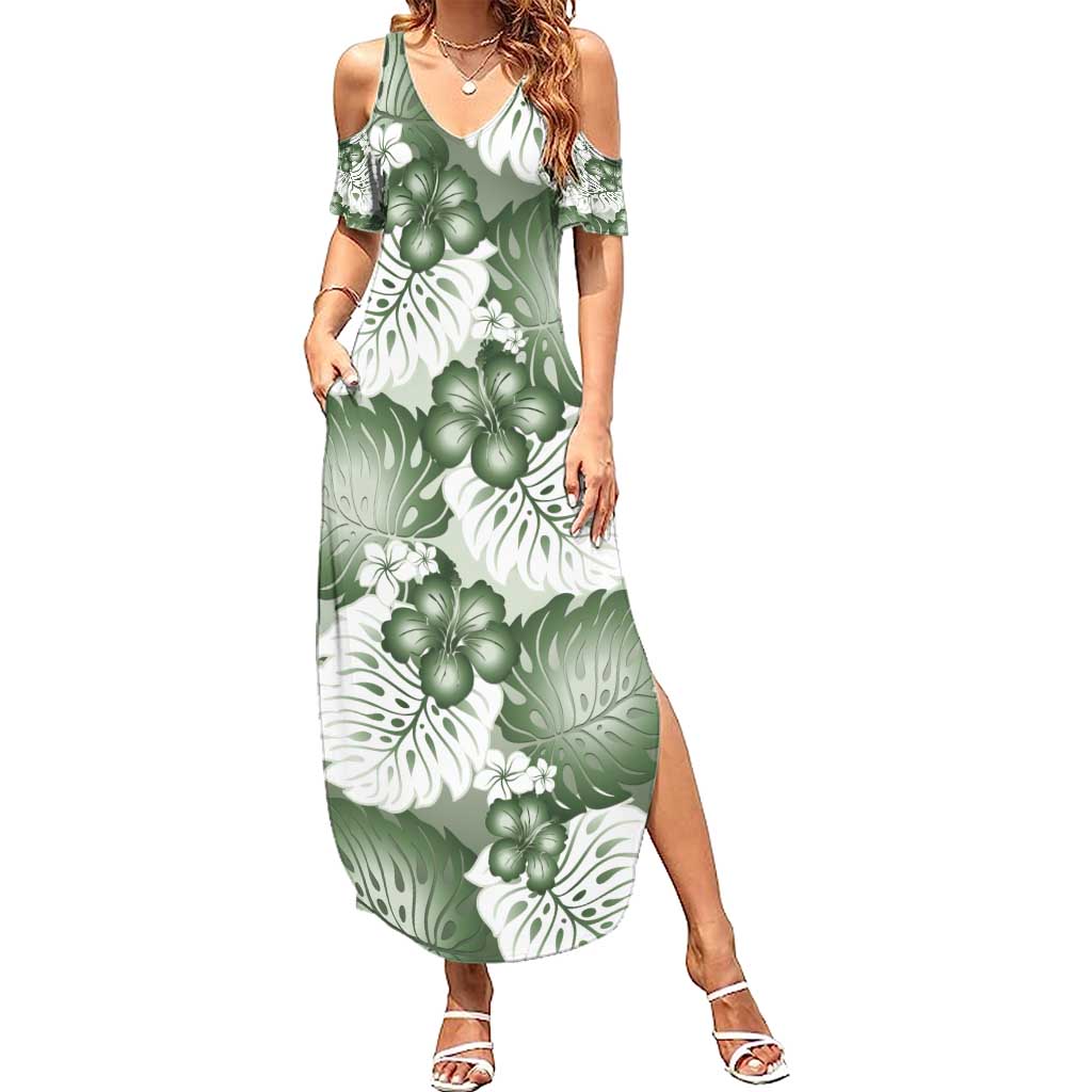 Sage Green Aloha Hawaii Family Matching Summer Maxi Dress and Hawaiian Shirt Monstera Hibiscus Plumeria Seamless Vibes LT14 Mom's Dress Sage Green - Polynesian Pride
