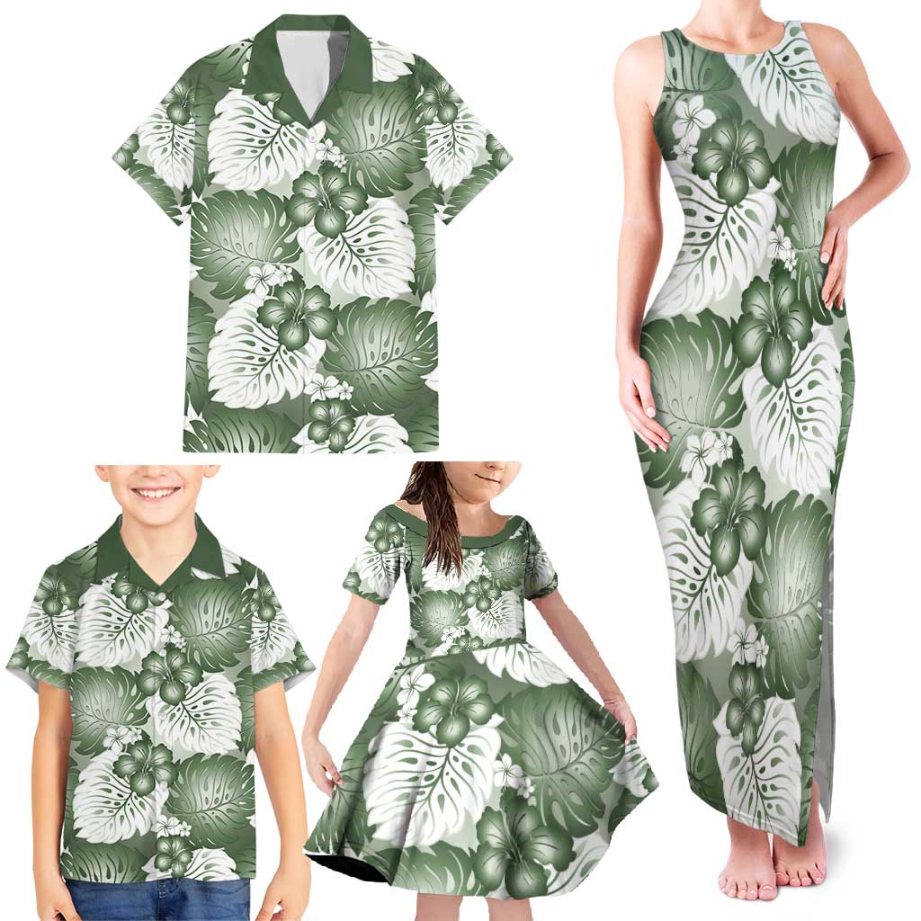 Sage Green Aloha Hawaii Family Matching Tank Maxi Dress and Hawaiian Shirt Monstera Hibiscus Plumeria Seamless Vibes LT14 - Polynesian Pride