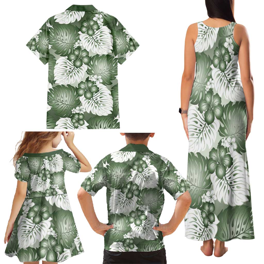 Sage Green Aloha Hawaii Family Matching Tank Maxi Dress and Hawaiian Shirt Monstera Hibiscus Plumeria Seamless Vibes LT14 - Polynesian Pride